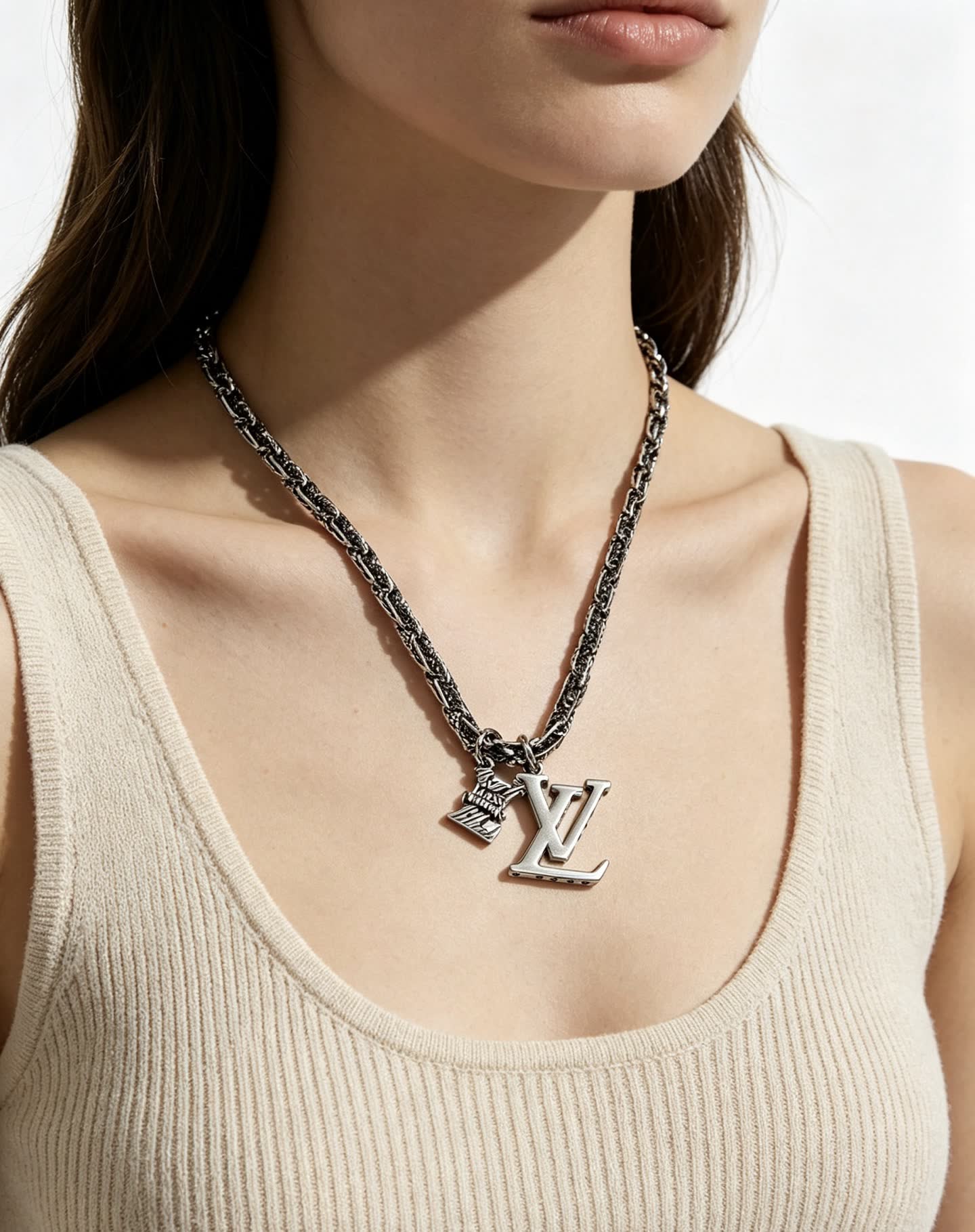 Louis Vuitton Silver Chain Necklace with LV Charms
